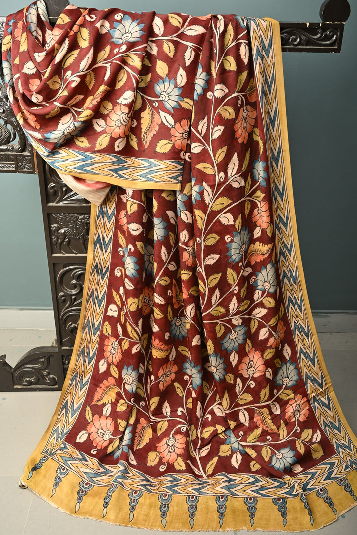 Maroon Modal Silk Saree with Authentic Pen Kalamkari Shaded Floral Design | SHOBITAM