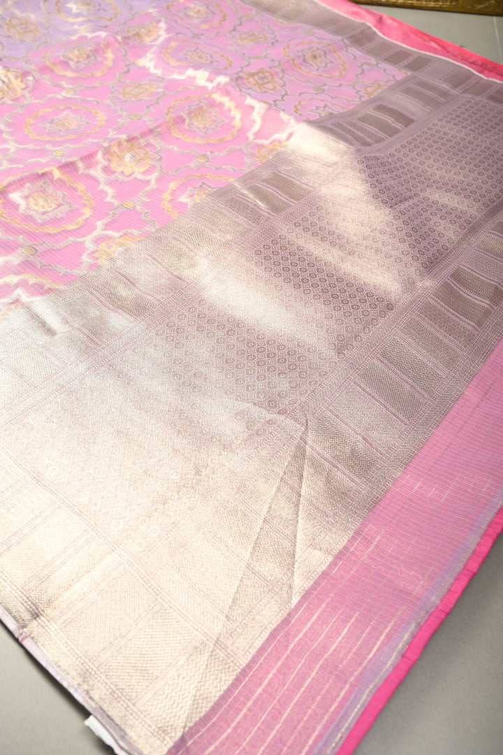 Lavender Vegan Viscose Kota Doria Tissue Saree with Sona Rupa Jaal Zari Detailing and Zari Border