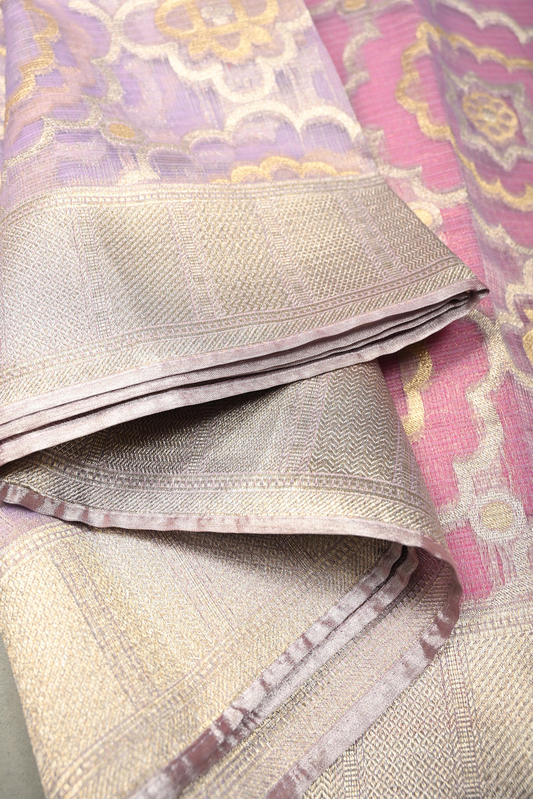 Lavender Vegan Viscose Kota Doria Tissue Saree with Sona Rupa Jaal Zari Detailing and Zari Border