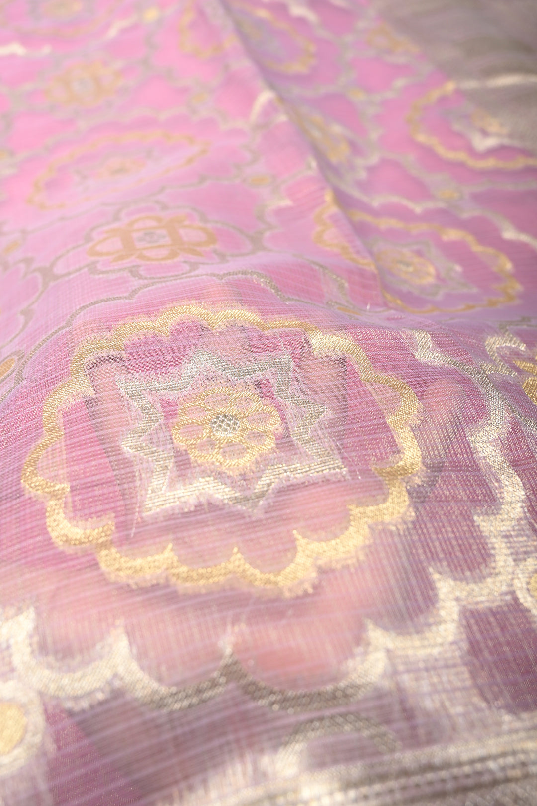 Lavender Vegan Viscose Kota Doria Tissue Saree with Sona Rupa Jaal Zari Detailing and Zari Border