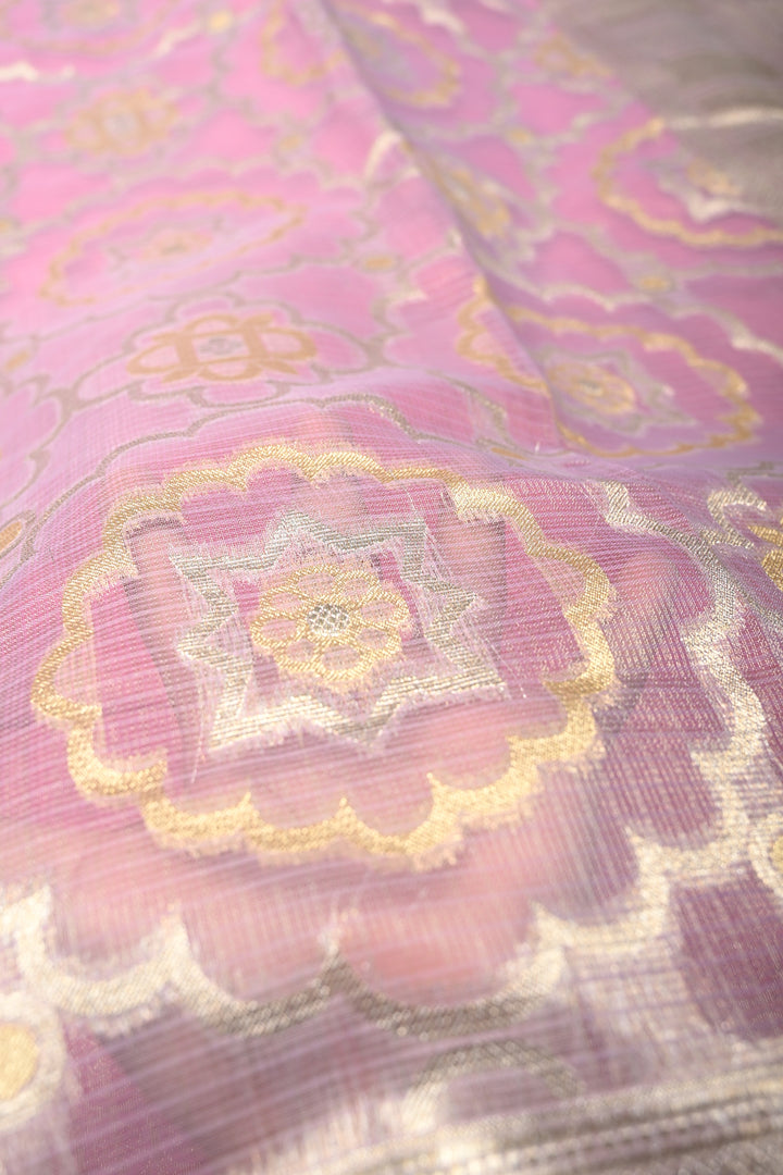 Lavender Vegan Viscose Kota Doria Tissue Saree with Sona Rupa Jaal Zari Detailing and Zari Border