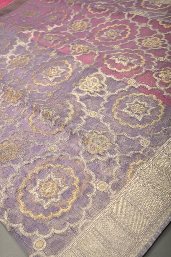 Lavender Vegan Viscose Kota Doria Tissue Saree with Sona Rupa Jaal Zari Detailing and Zari Border