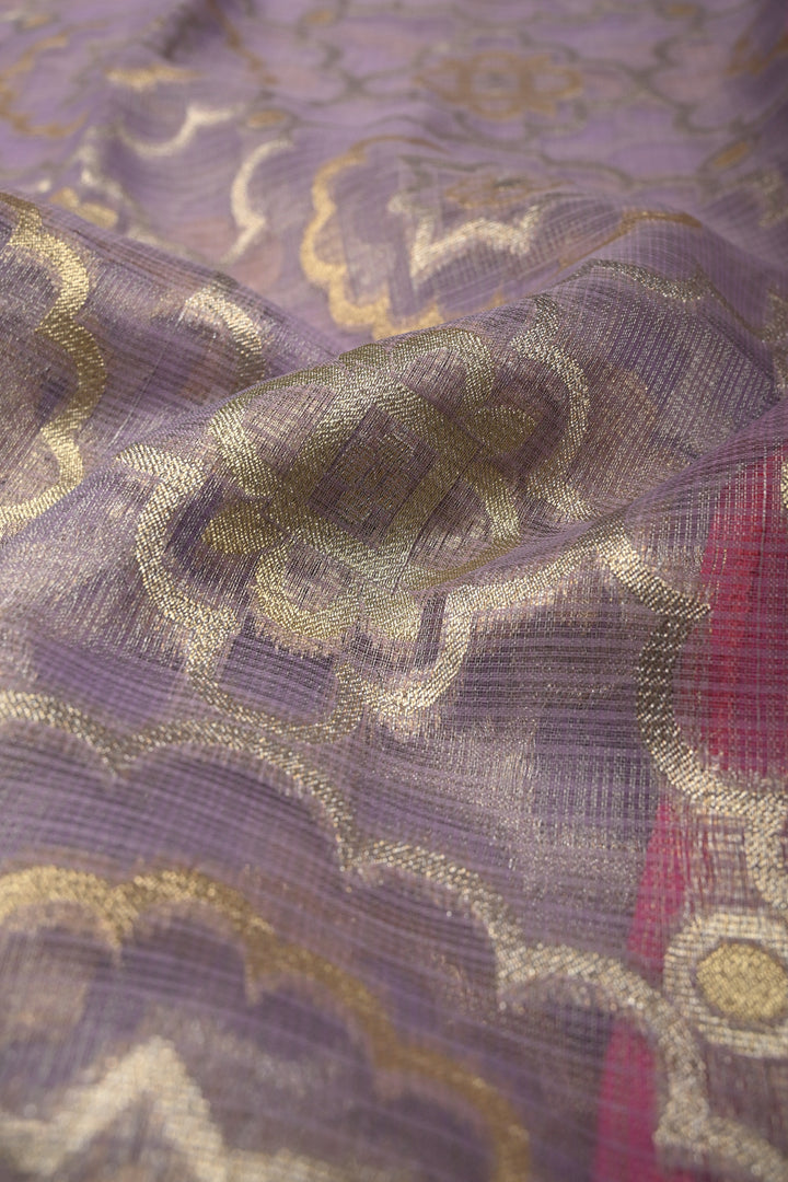 Lavender Vegan Viscose Kota Doria Tissue Saree with Sona Rupa Jaal Zari Detailing and Zari Border