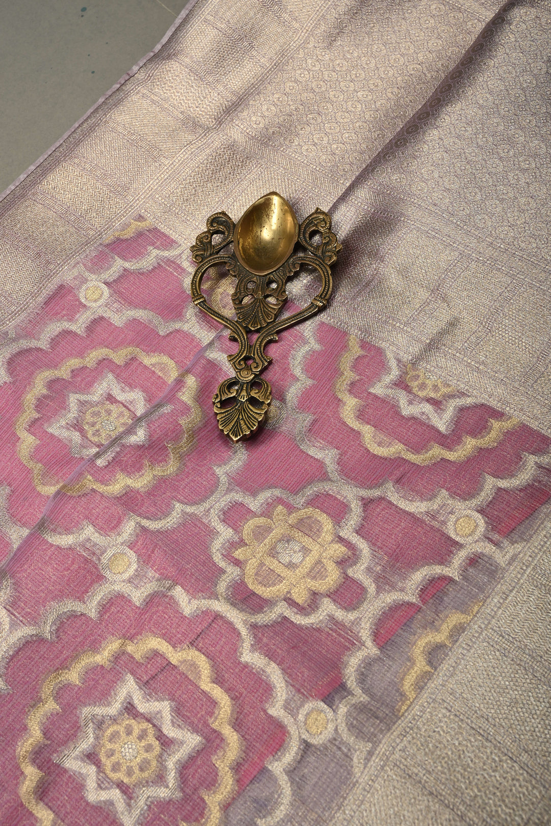 Lavender Vegan Viscose Kota Doria Tissue Saree with Sona Rupa Jaal Zari Detailing and Zari Border