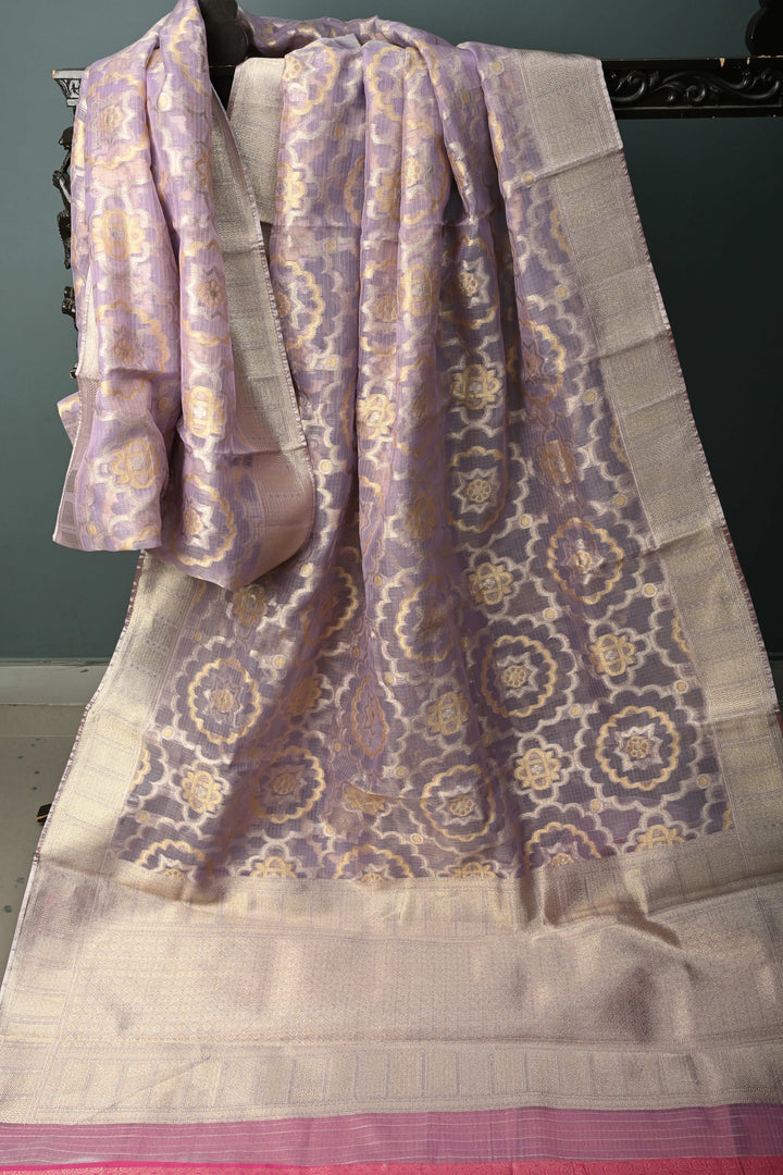 Lavender Vegan Viscose Kota Doria Tissue Saree with Sona Rupa Jaal Zari Detailing and Zari Border