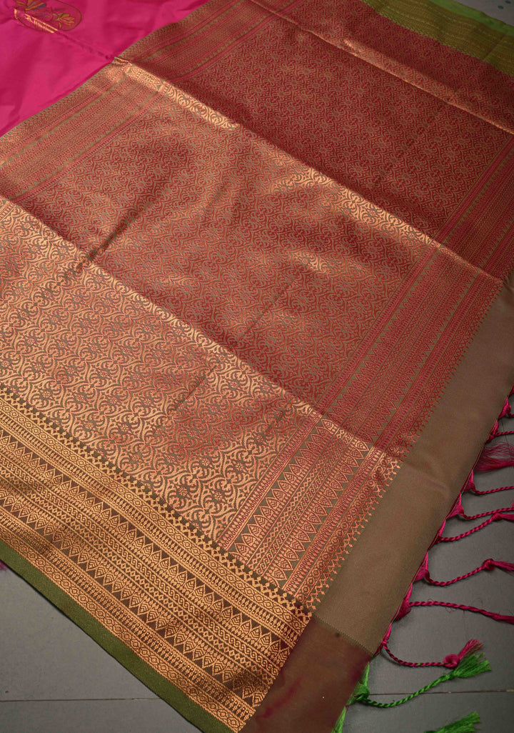 Hot Pink Kanchi Semi Silk Saree with Meenakari Mandala Buttas and Contrast Zari Border | SHOBITAM