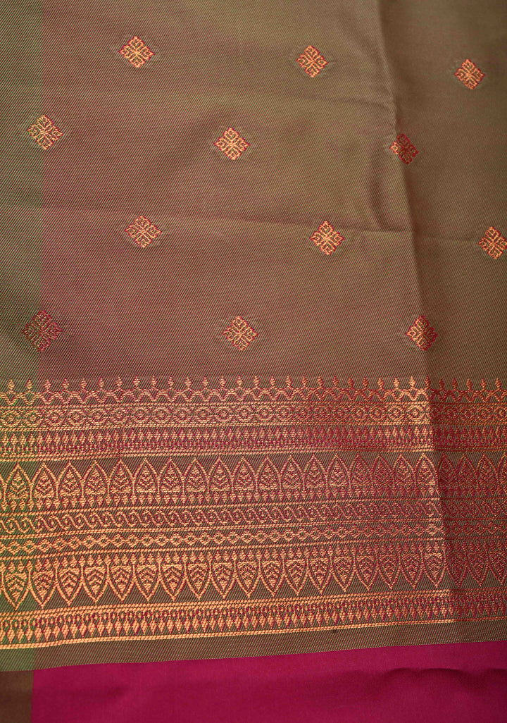 Hot Pink Kanchi Semi Silk Saree with Meenakari Mandala Buttas and Contrast Zari Border | SHOBITAM