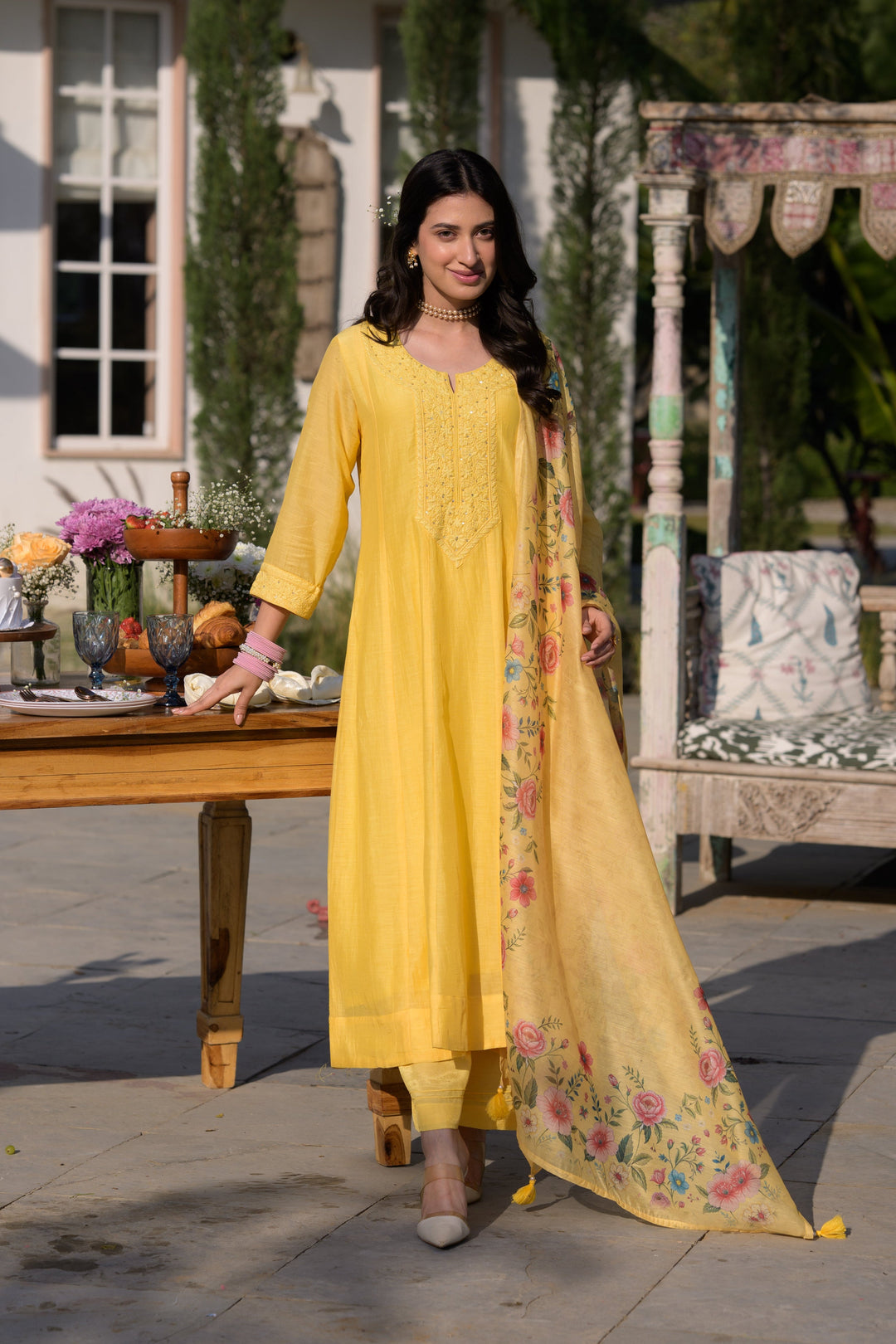 Butter Yellow Lucknowi Work Mul Chanderi Anarkali Suit Set - SET OF-3 | SHOBITAM