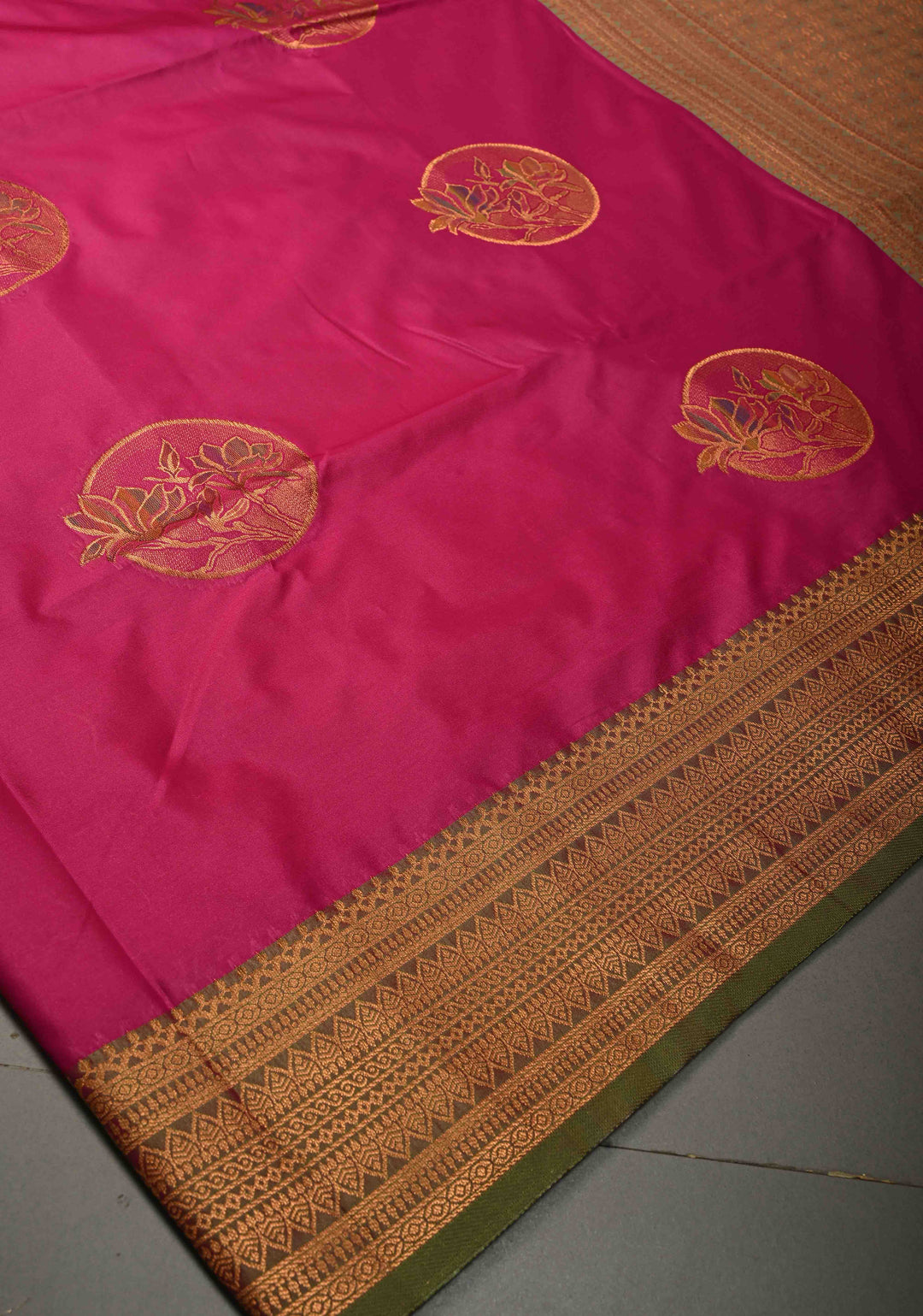 Hot Pink Kanchi Semi Silk Saree with Meenakari Mandala Buttas and Contrast Zari Border | SHOBITAM