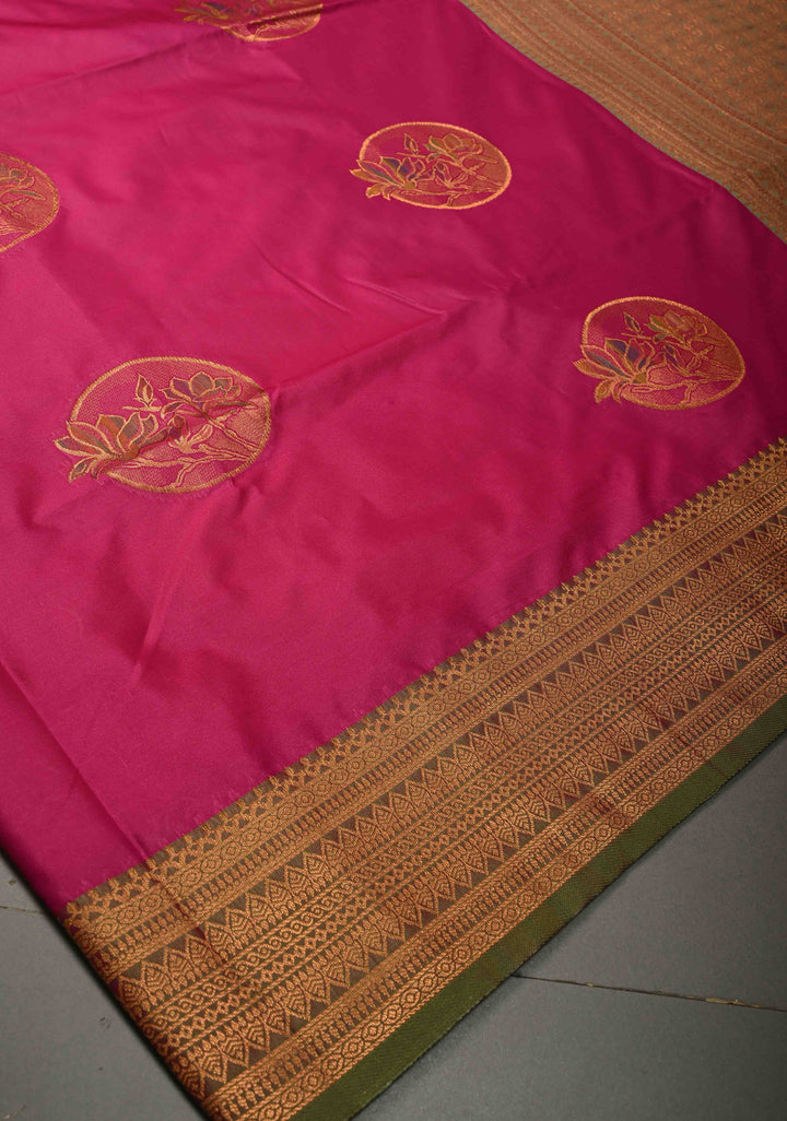 Hot Pink Kanchi Semi Silk Saree with Meenakari Mandala Buttas and Contrast Zari Border | SHOBITAM