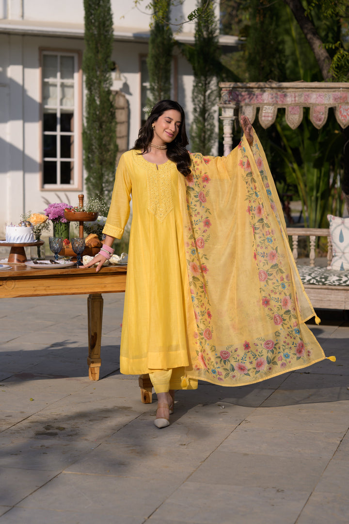 Butter Yellow Lucknowi Work Mul Chanderi Anarkali Suit Set - SET OF-3 | SHOBITAM