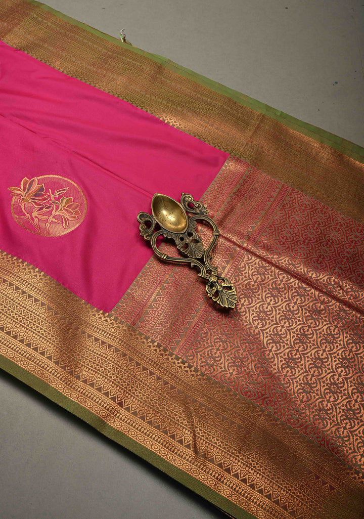 Hot Pink Kanchi Semi Silk Saree with Meenakari Mandala Buttas and Contrast Zari Border | SHOBITAM