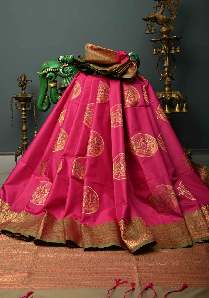 Hot Pink Kanchi Semi Silk Saree with Meenakari Mandala Buttas and Contrast Zari Border | SHOBITAM