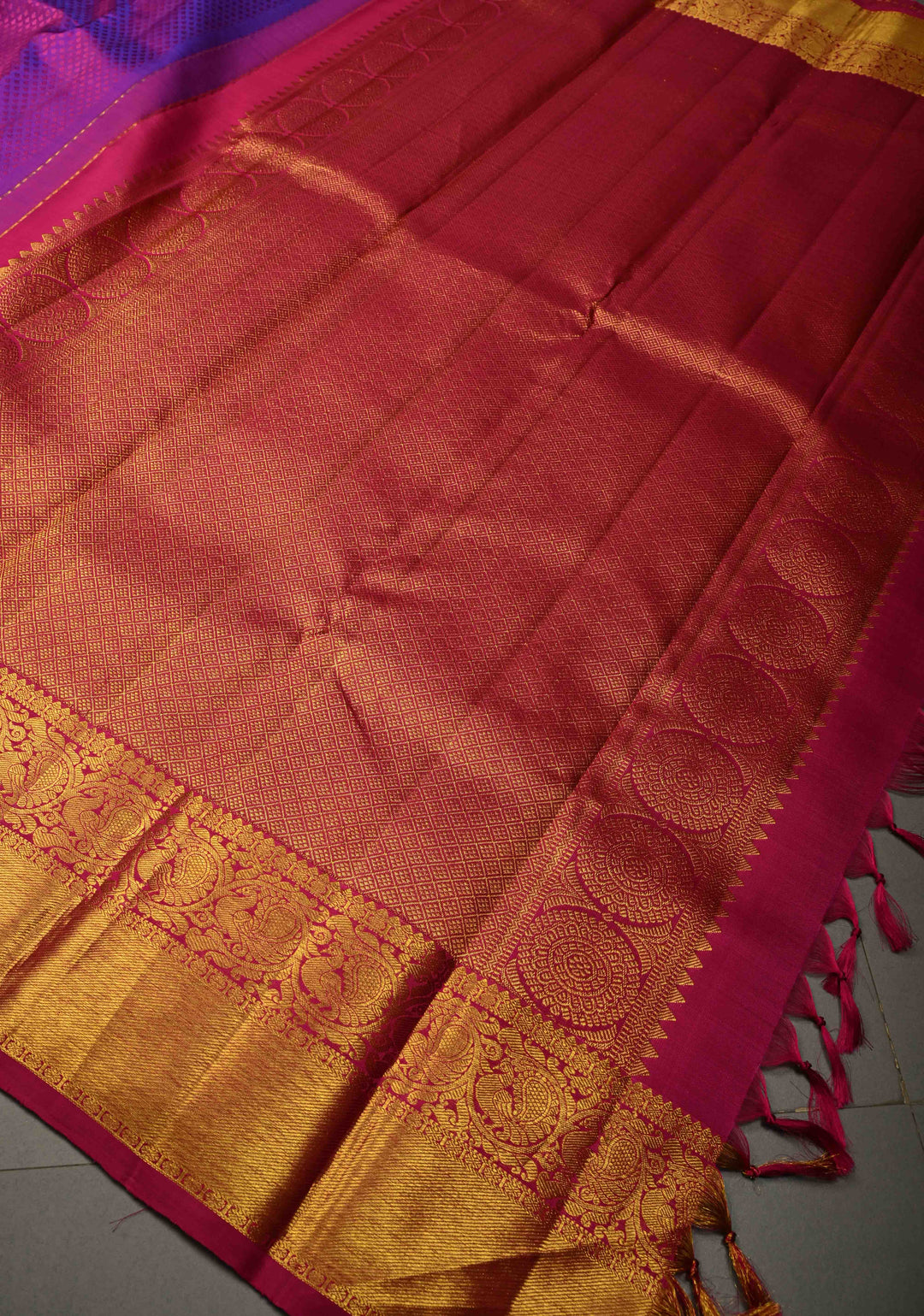 Purple-Pink Dual tone Self Brocade on Kanjivaram Pure Silk Saree with Zari Buttas and Zari Border | SILK MARK CERTIFIED | SHOBITAM