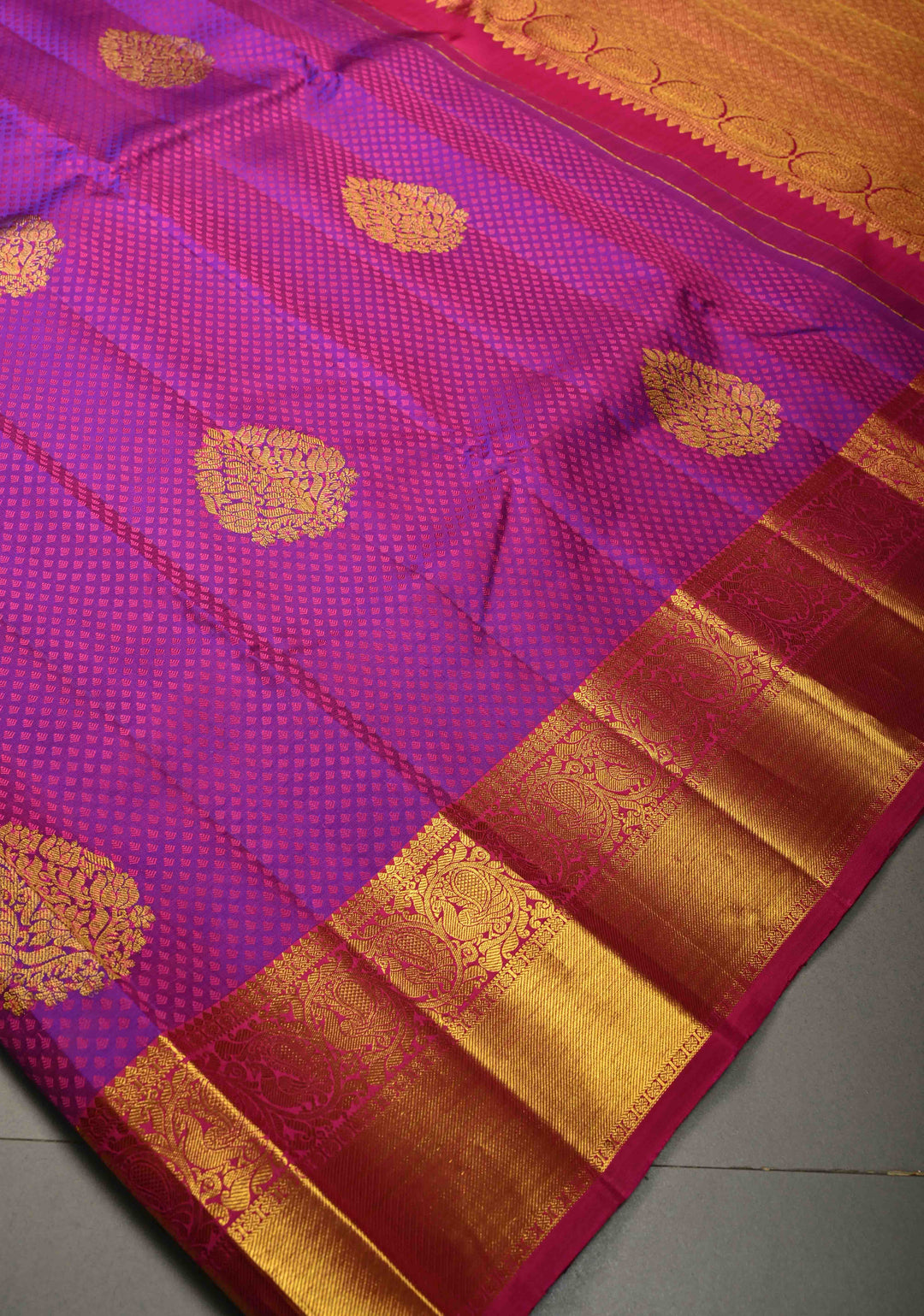 Purple-Pink Dual tone Self Brocade on Kanjivaram Pure Silk Saree with Zari Buttas and Zari Border | SILK MARK CERTIFIED | SHOBITAM