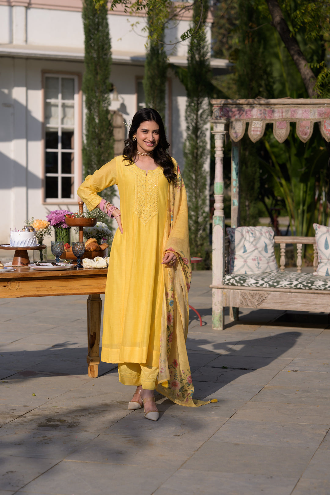 Butter Yellow Lucknowi Work Mul Chanderi Anarkali Suit Set - SET OF-3 | SHOBITAM