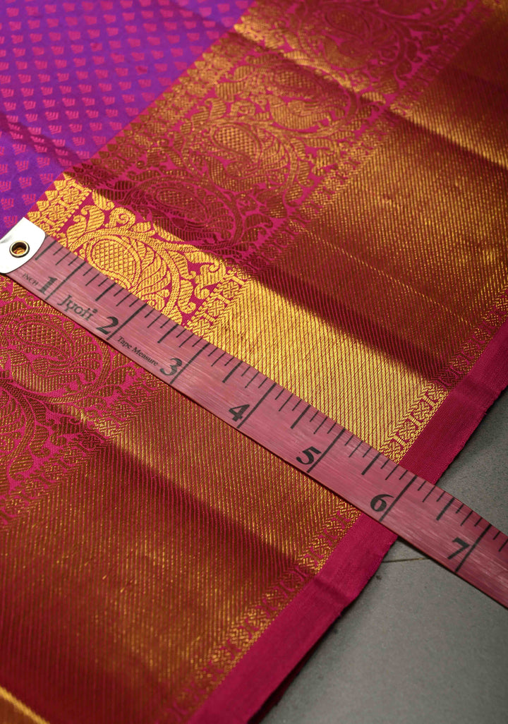 Purple-Pink Dual tone Self Brocade on Kanjivaram Pure Silk Saree with Zari Buttas and Zari Border | SILK MARK CERTIFIED | SHOBITAM