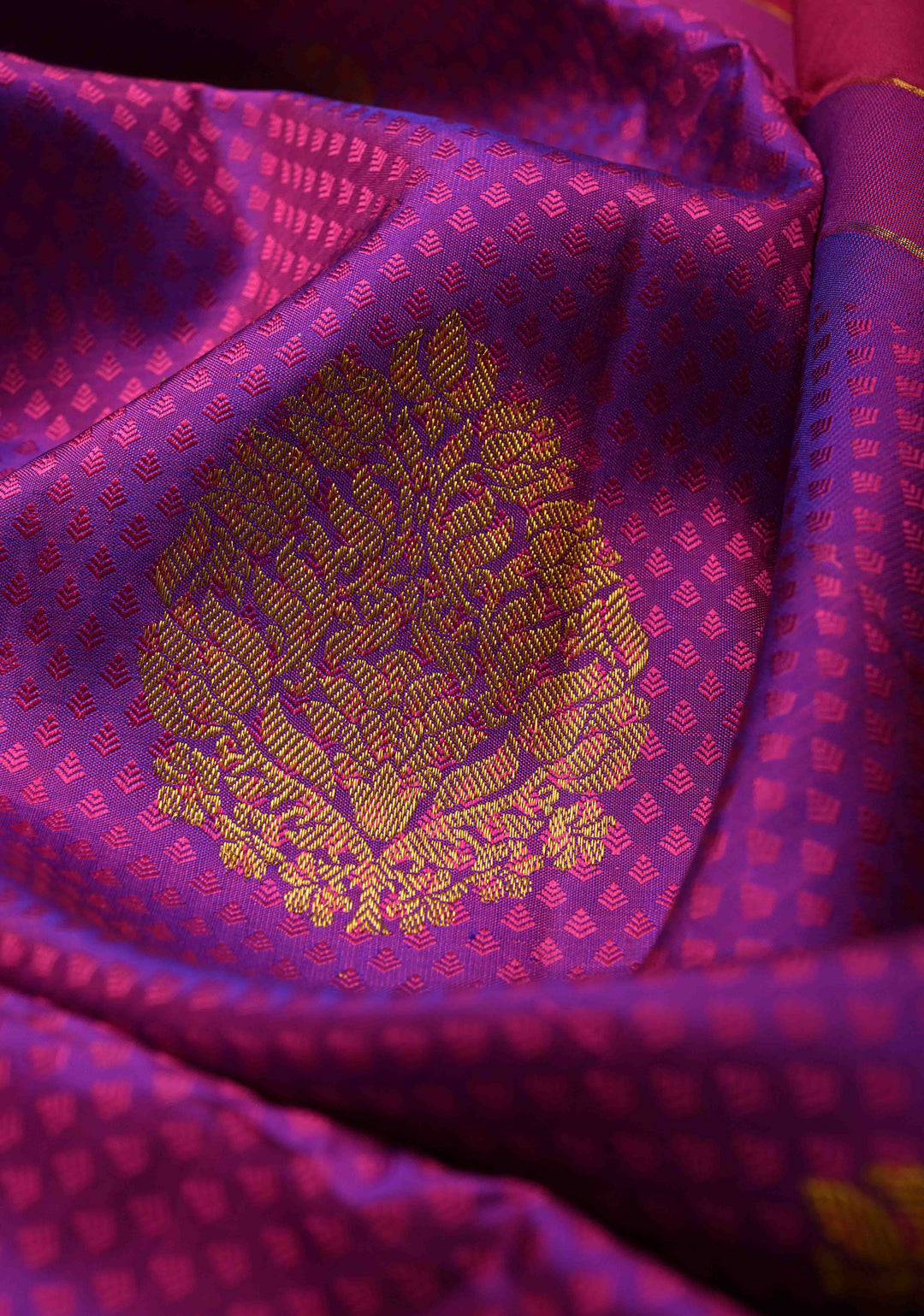 Purple-Pink Dual tone Self Brocade on Kanjivaram Pure Silk Saree with Zari Buttas and Zari Border | SILK MARK CERTIFIED | SHOBITAM