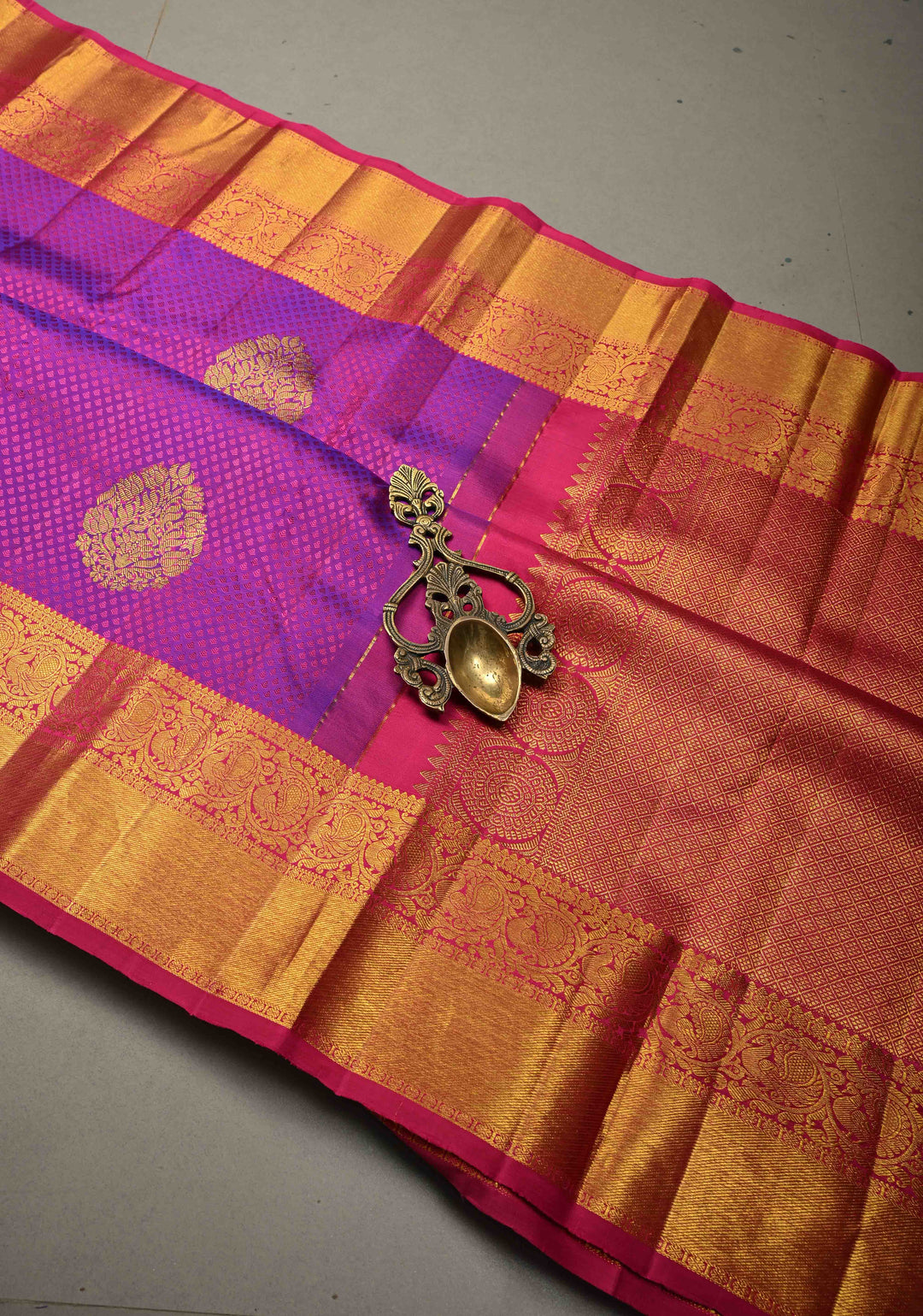 Purple-Pink Dual tone Self Brocade on Kanjivaram Pure Silk Saree with Zari Buttas and Zari Border | SILK MARK CERTIFIED | SHOBITAM