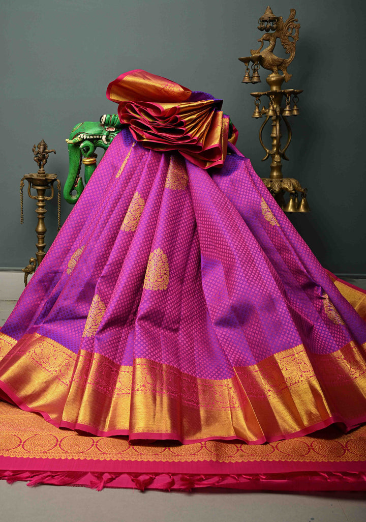 Purple-Pink Dual tone Self Brocade on Kanjivaram Pure Silk Saree with Zari Buttas and Zari Border | SILK MARK CERTIFIED | SHOBITAM