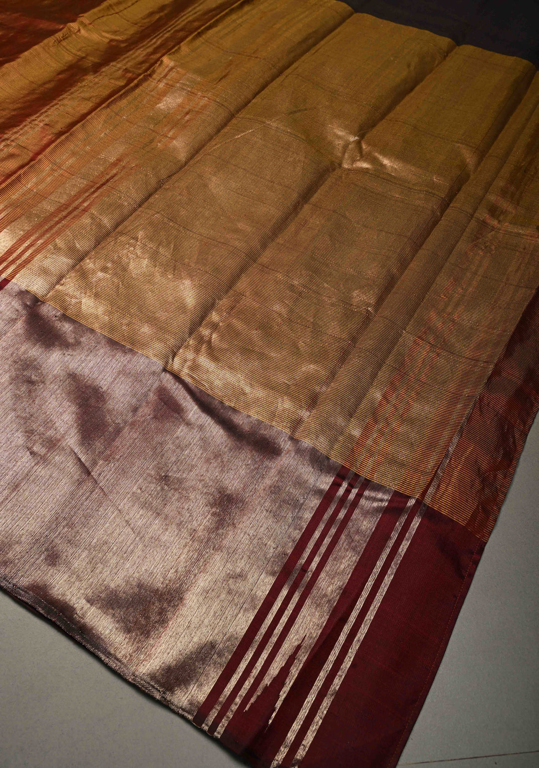 Honey-Brown Pure Kanjivaram Silk Saree with Vairaoosi Zari Stripes Pattern and Temple Silver Zari Border | SILK MARK CERTIFIED | SHOBITAM