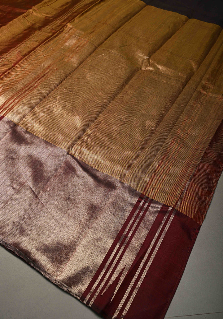 Honey-Brown Pure Kanjivaram Silk Saree with Vairaoosi Zari Stripes Pattern and Temple Silver Zari Border | SILK MARK CERTIFIED | SHOBITAM