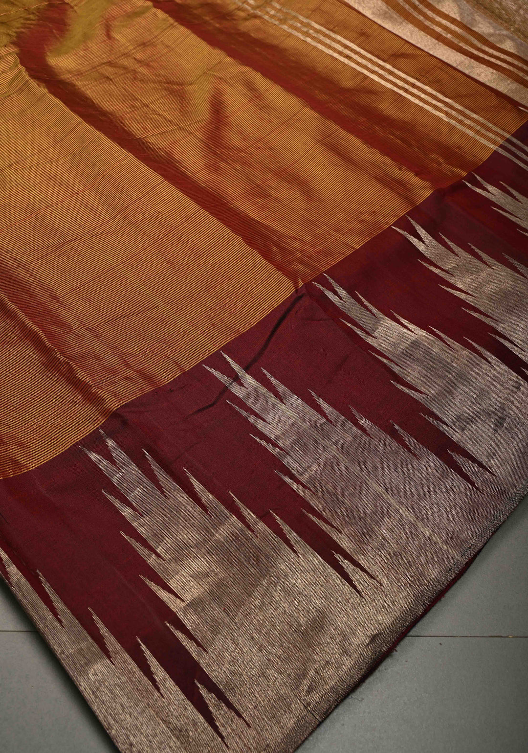 Honey-Brown Pure Kanjivaram Silk Saree with Vairaoosi Zari Stripes Pattern and Temple Silver Zari Border | SILK MARK CERTIFIED | SHOBITAM