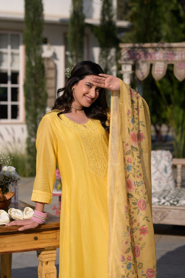Butter Yellow Lucknowi Work Mul Chanderi Anarkali Suit Set - SET OF-3 | SHOBITAM