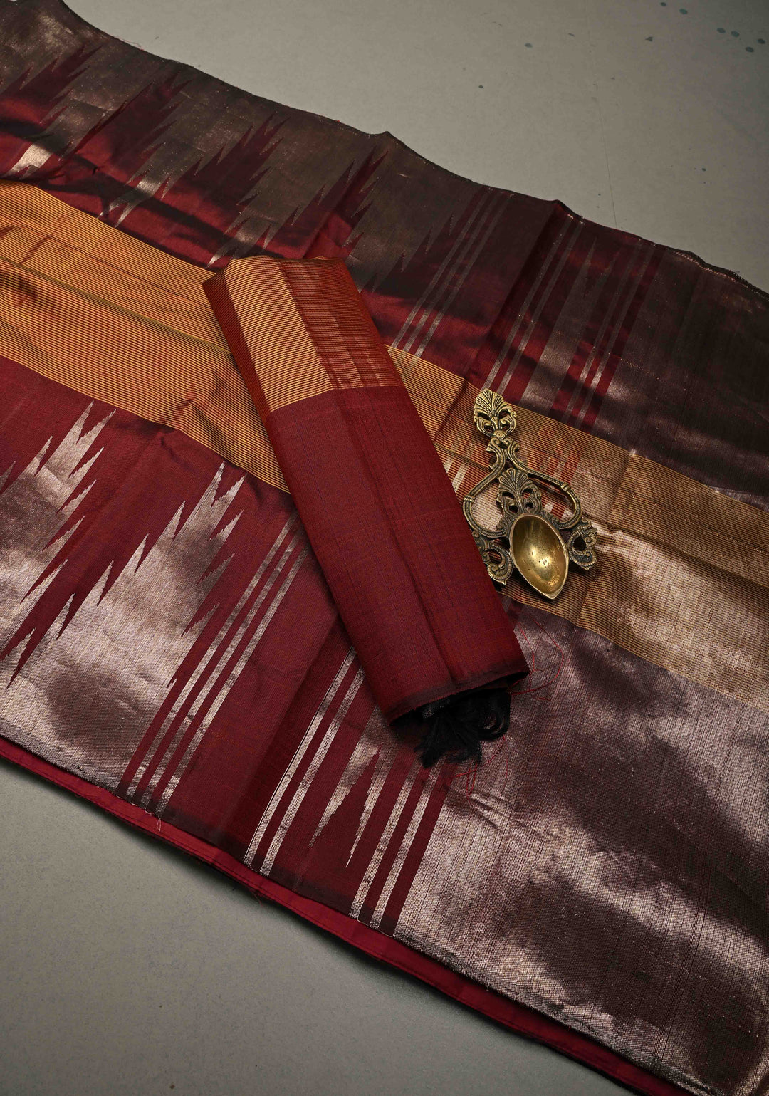 Honey-Brown Pure Kanjivaram Silk Saree with Vairaoosi Zari Stripes Pattern and Temple Silver Zari Border | SILK MARK CERTIFIED | SHOBITAM