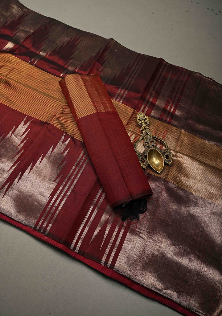 Honey-Brown Pure Kanjivaram Silk Saree with Vairaoosi Zari Stripes Pattern and Temple Silver Zari Border | SILK MARK CERTIFIED | SHOBITAM
