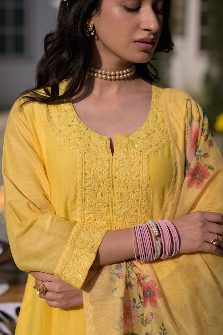 Butter Yellow Lucknowi Work Mul Chanderi Anarkali Suit Set - SET OF-3 | SHOBITAM