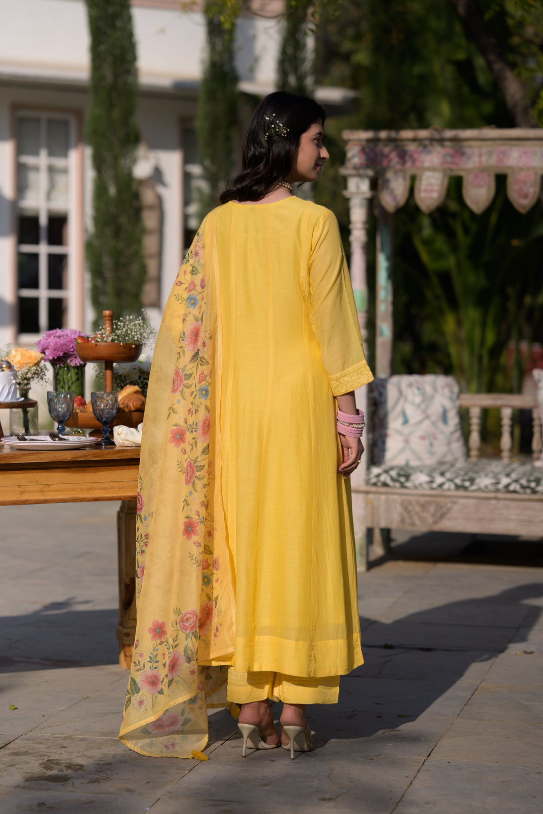 Butter Yellow Lucknowi Work Mul Chanderi Anarkali Suit Set - SET OF-3 | SHOBITAM