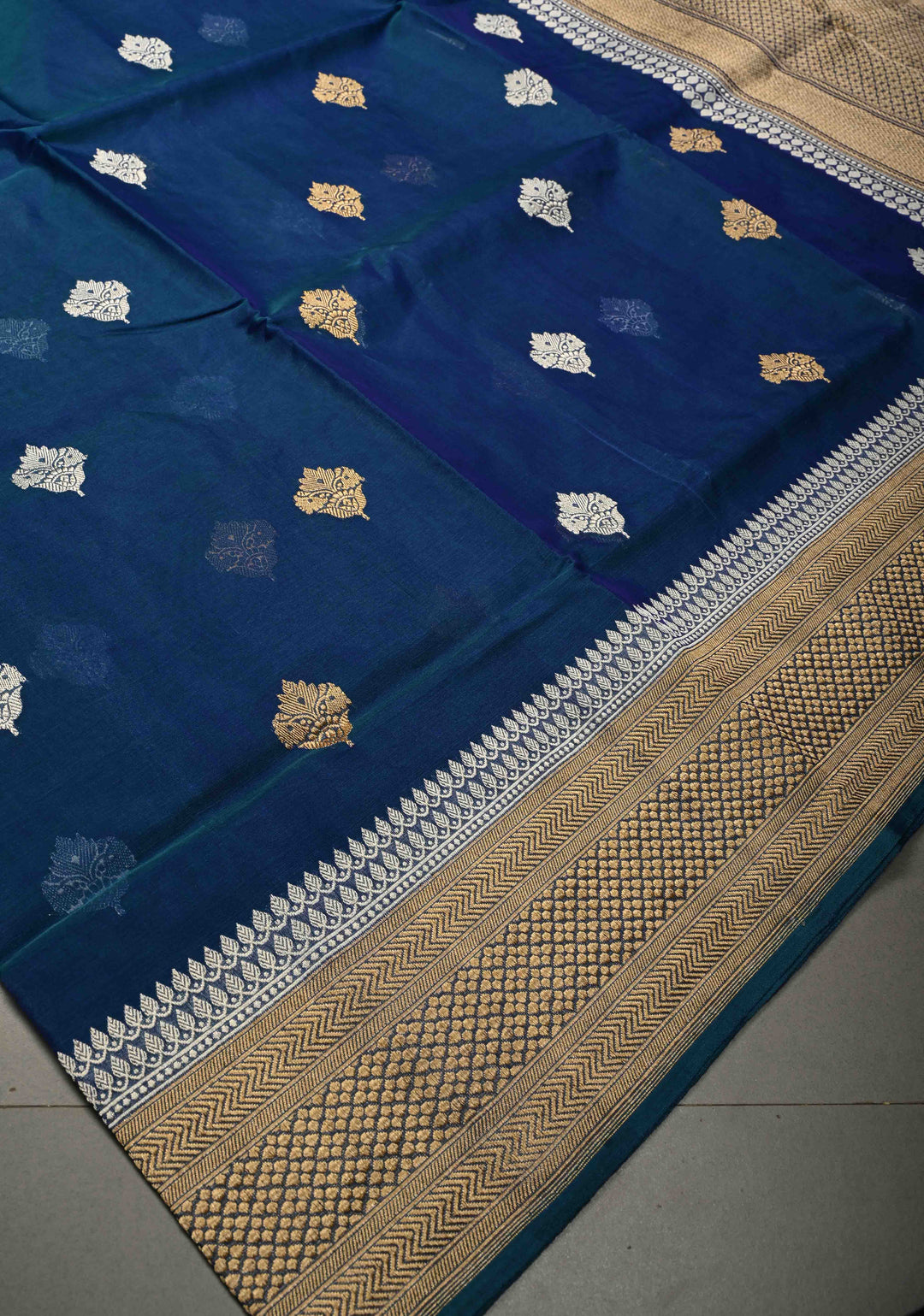 Peacock Blue Dual tone Pure Banarasi Kora Silk Saree with Sona Rupa Floral Buttas and Zari Border | SILK MARK CERTIFIED | SHOBITAM