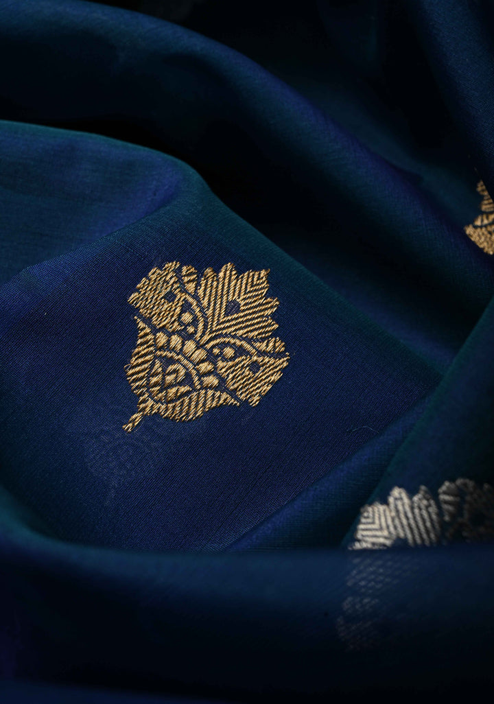 Peacock Blue Dual tone Pure Banarasi Kora Silk Saree with Sona Rupa Floral Buttas and Zari Border | SILK MARK CERTIFIED | SHOBITAM