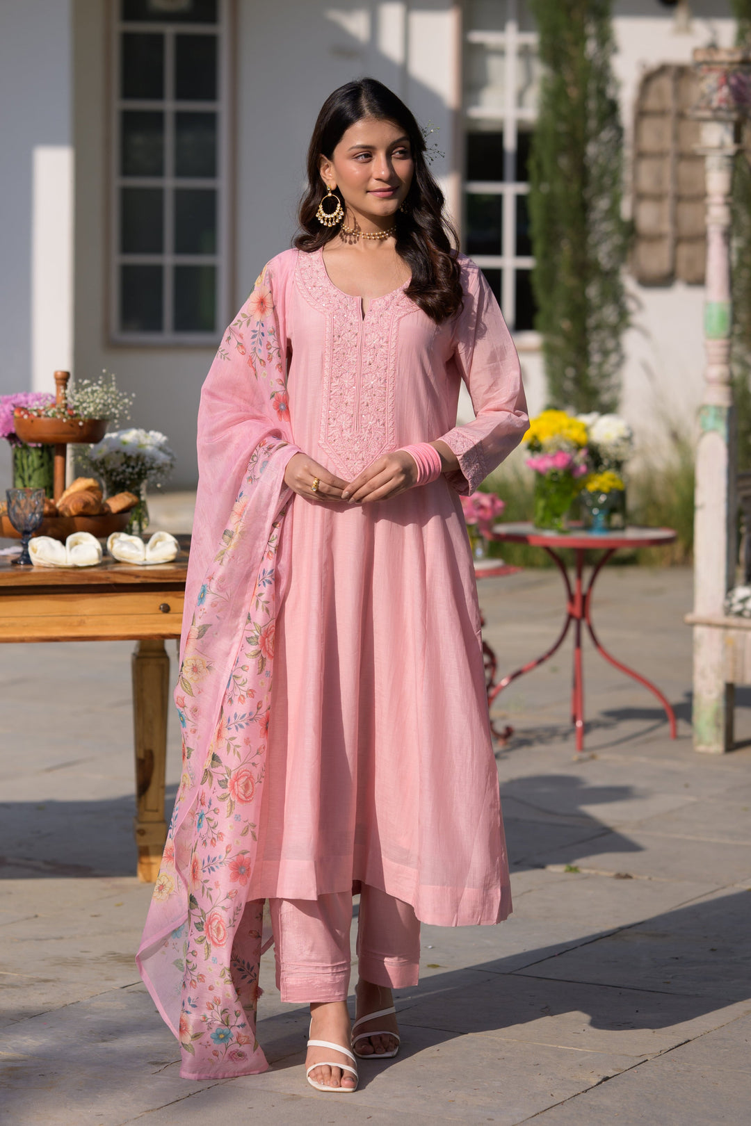 Blush Pink Lucknowi Work Mul Chanderi Anarkali Suit Set - SET OF-3 | SHOBITAM