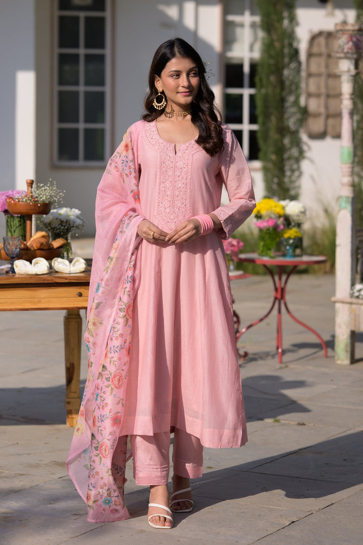 Blush Pink Lucknowi Work Mul Chanderi Anarkali Suit Set - SET OF-3 | SHOBITAM