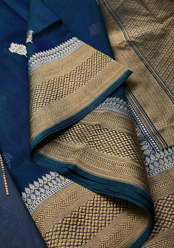 Peacock Blue Dual tone Pure Banarasi Kora Silk Saree with Sona Rupa Floral Buttas and Zari Border | SILK MARK CERTIFIED | SHOBITAM
