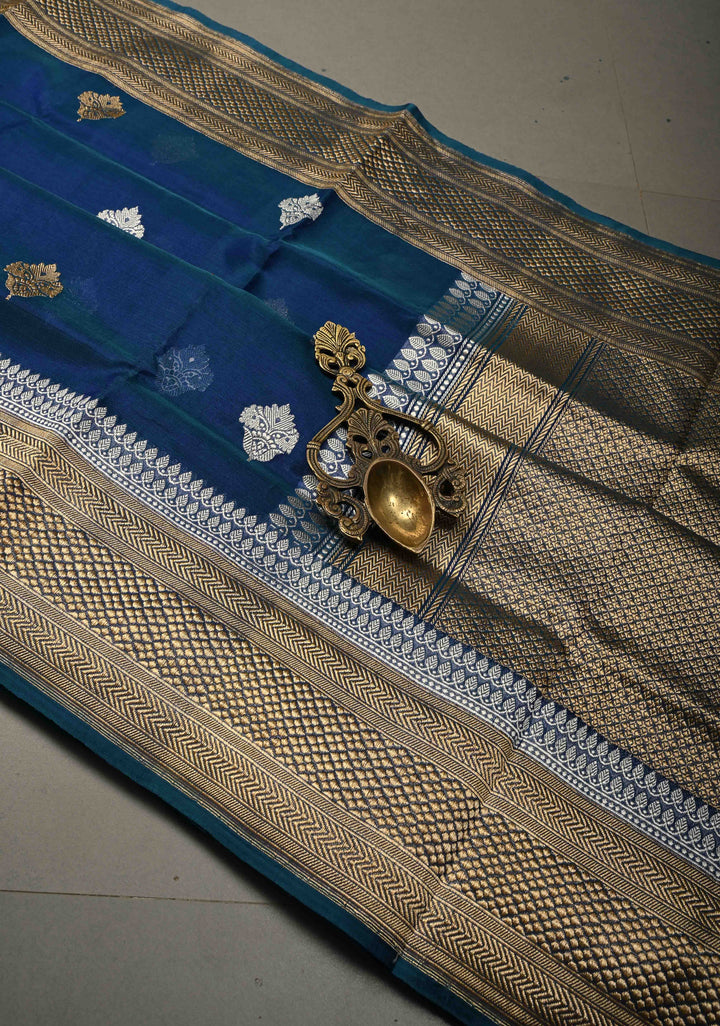 Peacock Blue Dual tone Pure Banarasi Kora Silk Saree with Sona Rupa Floral Buttas and Zari Border | SILK MARK CERTIFIED | SHOBITAM