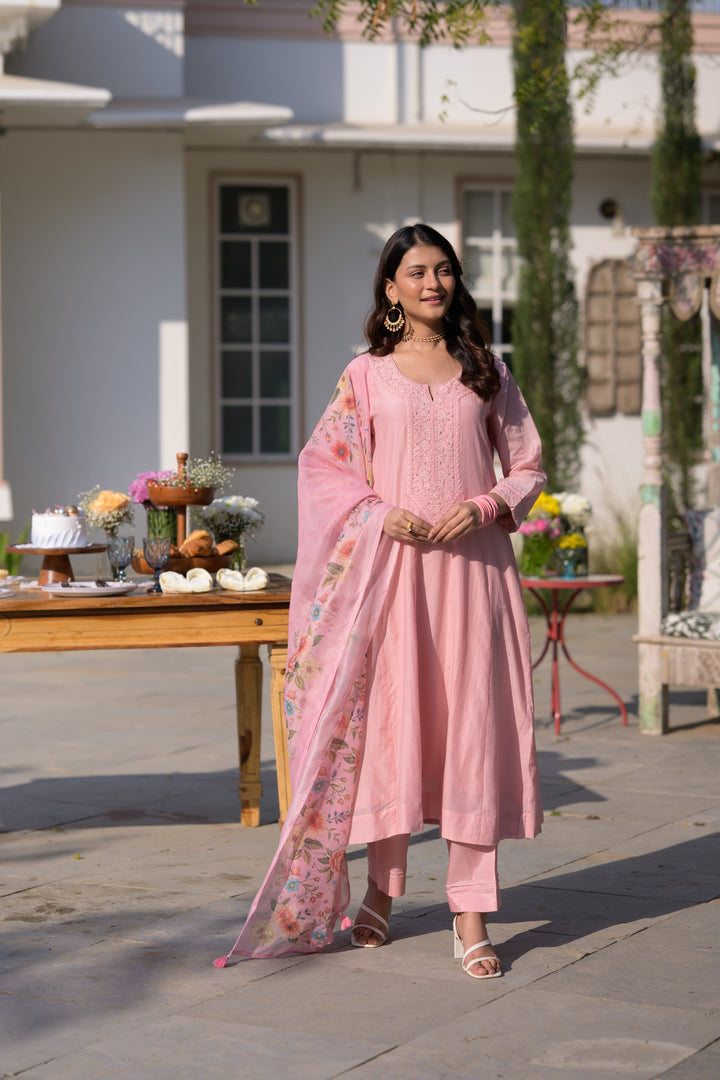 Blush Pink Lucknowi Work Mul Chanderi Anarkali Suit Set - SET OF-3 | SHOBITAM