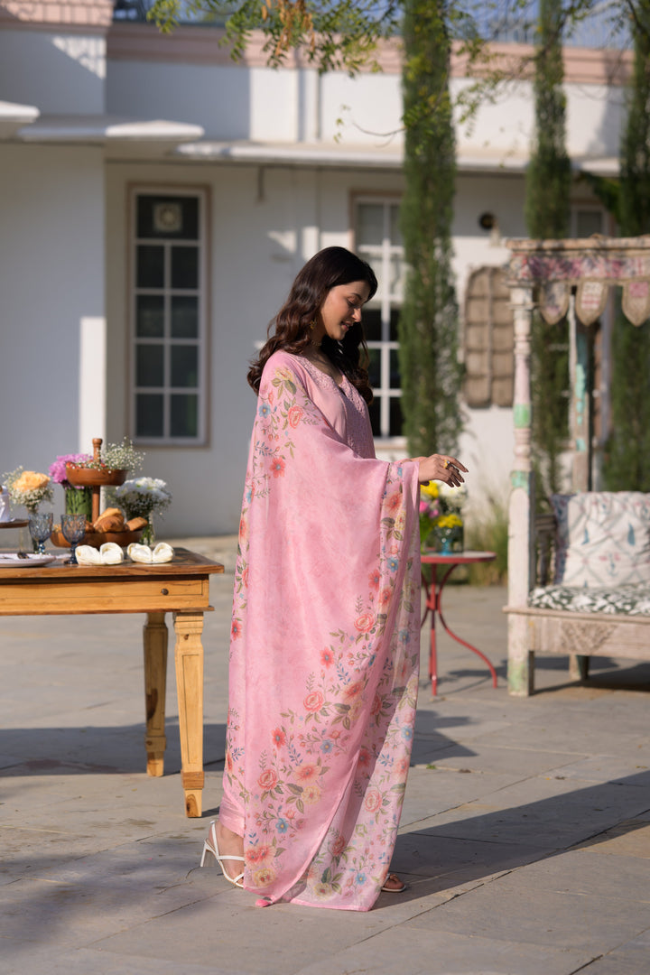 Blush Pink Lucknowi Work Mul Chanderi Anarkali Suit Set - SET OF-3 | SHOBITAM