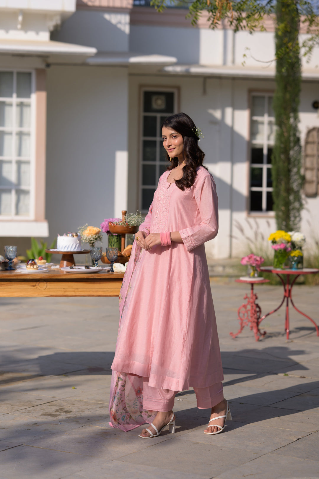 Blush Pink Lucknowi Work Mul Chanderi Anarkali Suit Set - SET OF-3 | SHOBITAM