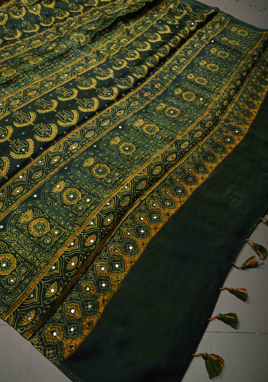 Blackish Brown Authentic Hand Block Print on Modal Silk Saree with Tikki Hand Embellished and Minimal Border | SHOBITAM