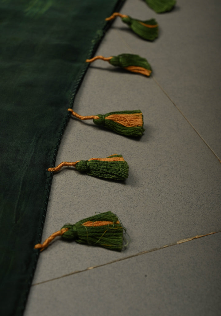 Blackish Brown Authentic Hand Block Print on Modal Silk Saree with Tikki Hand Embellished and Minimal Border | SHOBITAM