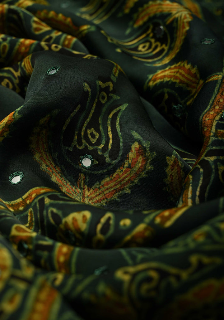 Blackish Brown Authentic Hand Block Print on Modal Silk Saree with Tikki Hand Embellished and Minimal Border | SHOBITAM