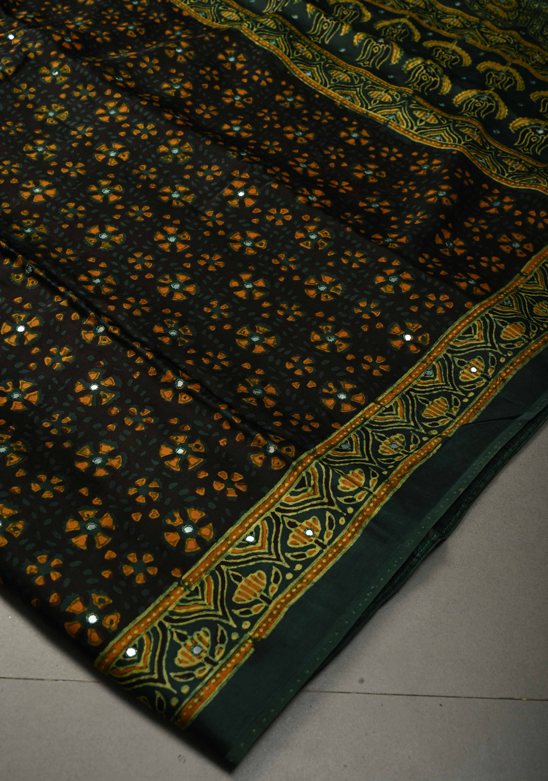 Blackish Brown Authentic Hand Block Print on Modal Silk Saree with Tikki Hand Embellished and Minimal Border | SHOBITAM