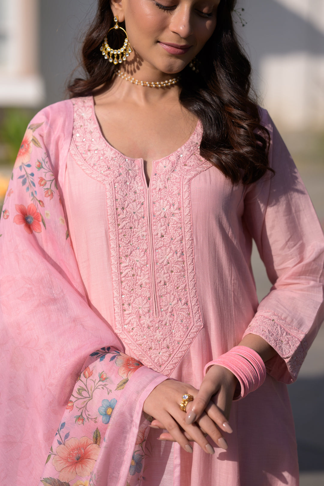 Blush Pink Lucknowi Work Mul Chanderi Anarkali Suit Set - SET OF-3 | SHOBITAM