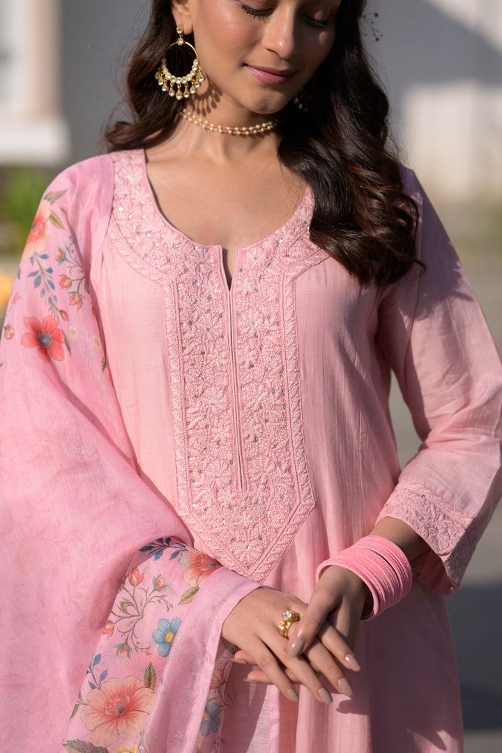 Blush Pink Lucknowi Work Mul Chanderi Anarkali Suit Set - SET OF-3 | SHOBITAM