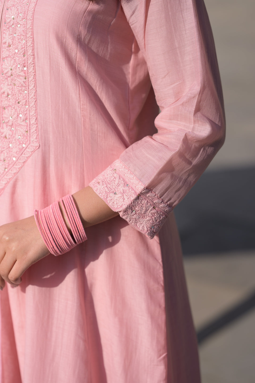 Blush Pink Lucknowi Work Mul Chanderi Anarkali Suit Set - SET OF-3 | SHOBITAM