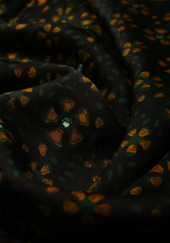 Blackish Brown Authentic Hand Block Print on Modal Silk Saree with Tikki Hand Embellished and Minimal Border | SHOBITAM