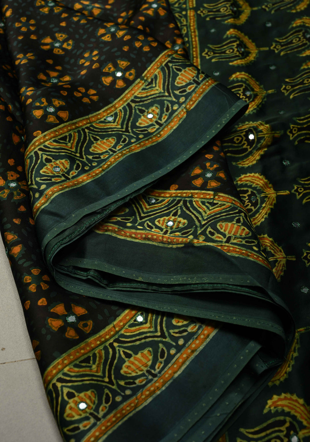 Blackish Brown Authentic Hand Block Print on Modal Silk Saree with Tikki Hand Embellished and Minimal Border | SHOBITAM